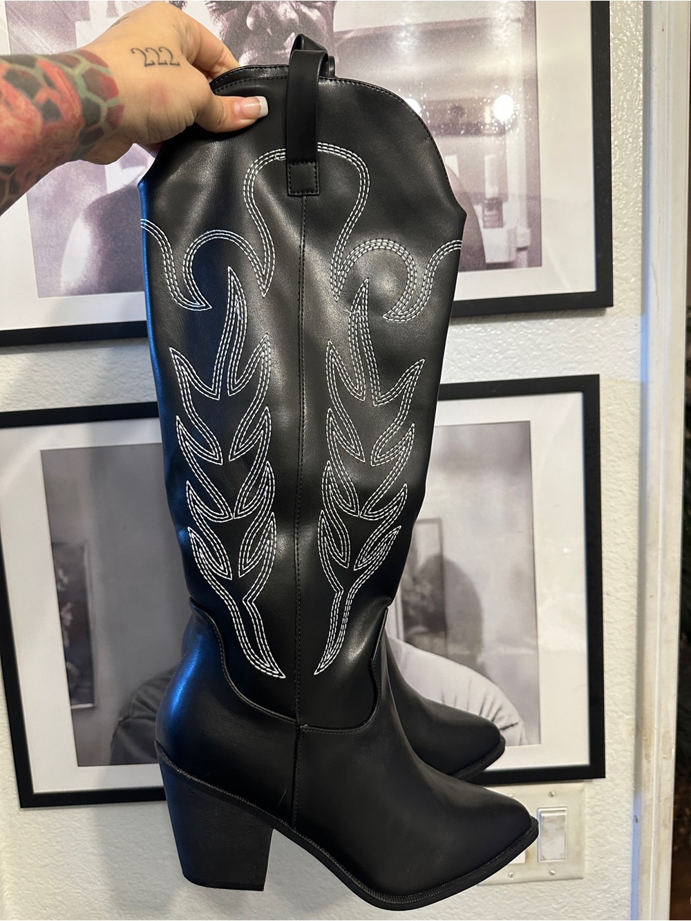 Black Western-Style Women's Mid-Calf Boots with White Stitching